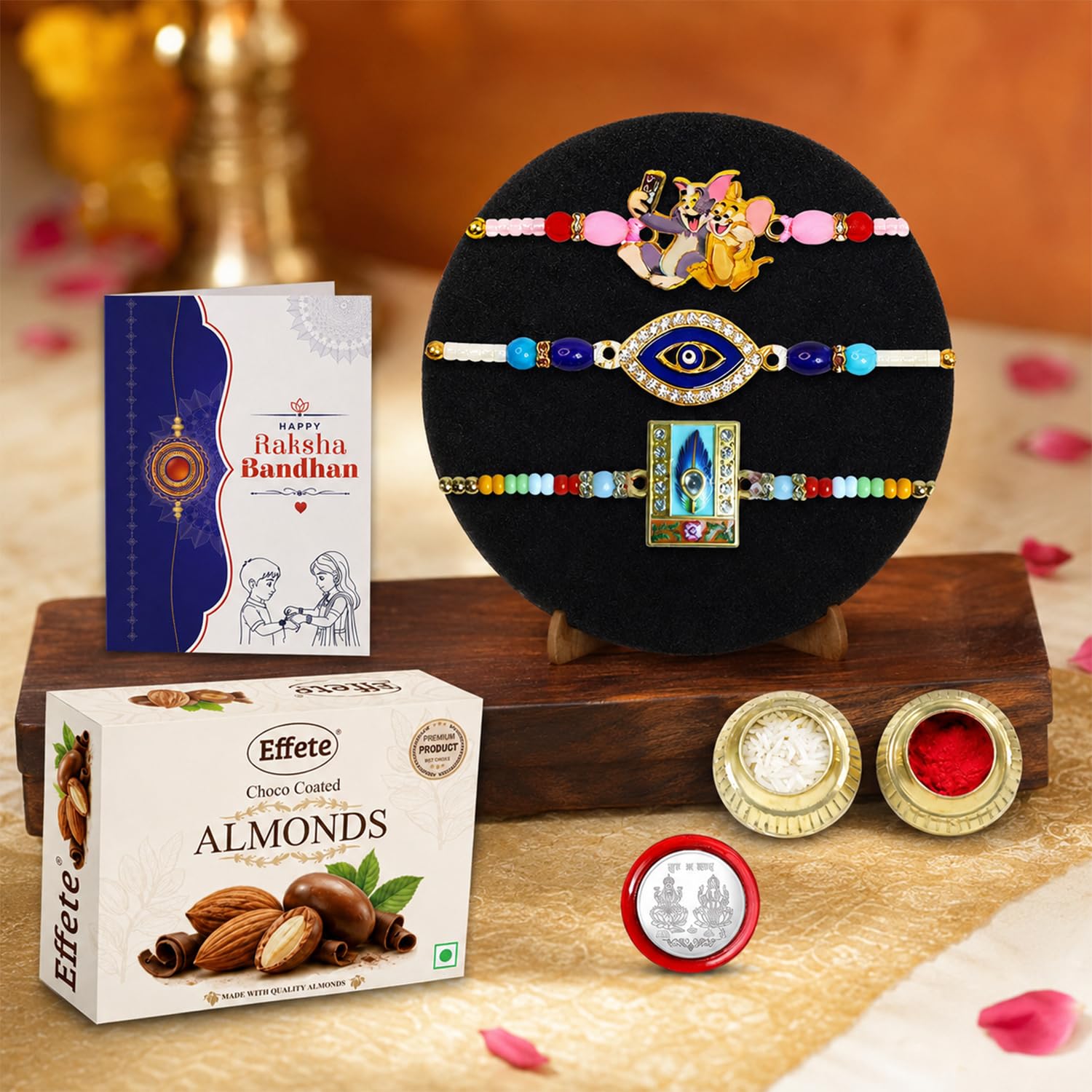 Cartoon Charm Rakhi for Brother with Choco Almonds 32gm, Coin & Card, Pack of 7