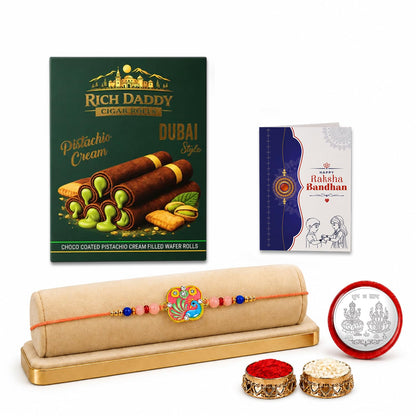 Peacock Rakhi for Brother with Pistachio Wafer Rolls, Coin & Card, Pack of 5
