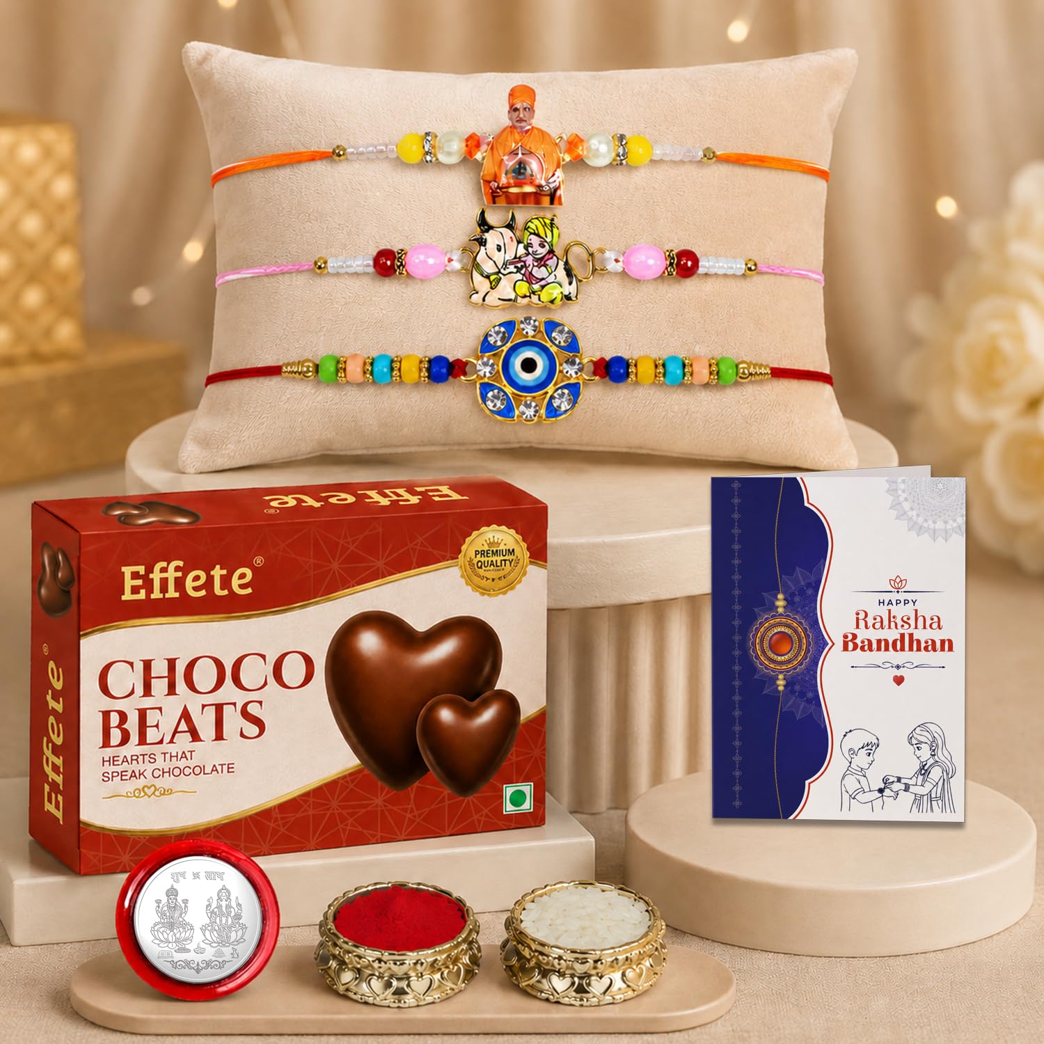 Swami Maharaj, Guru Ji Rakhi Combo - Raksha Bandhan Gift with Choco Beats 32gm, Pack of 7