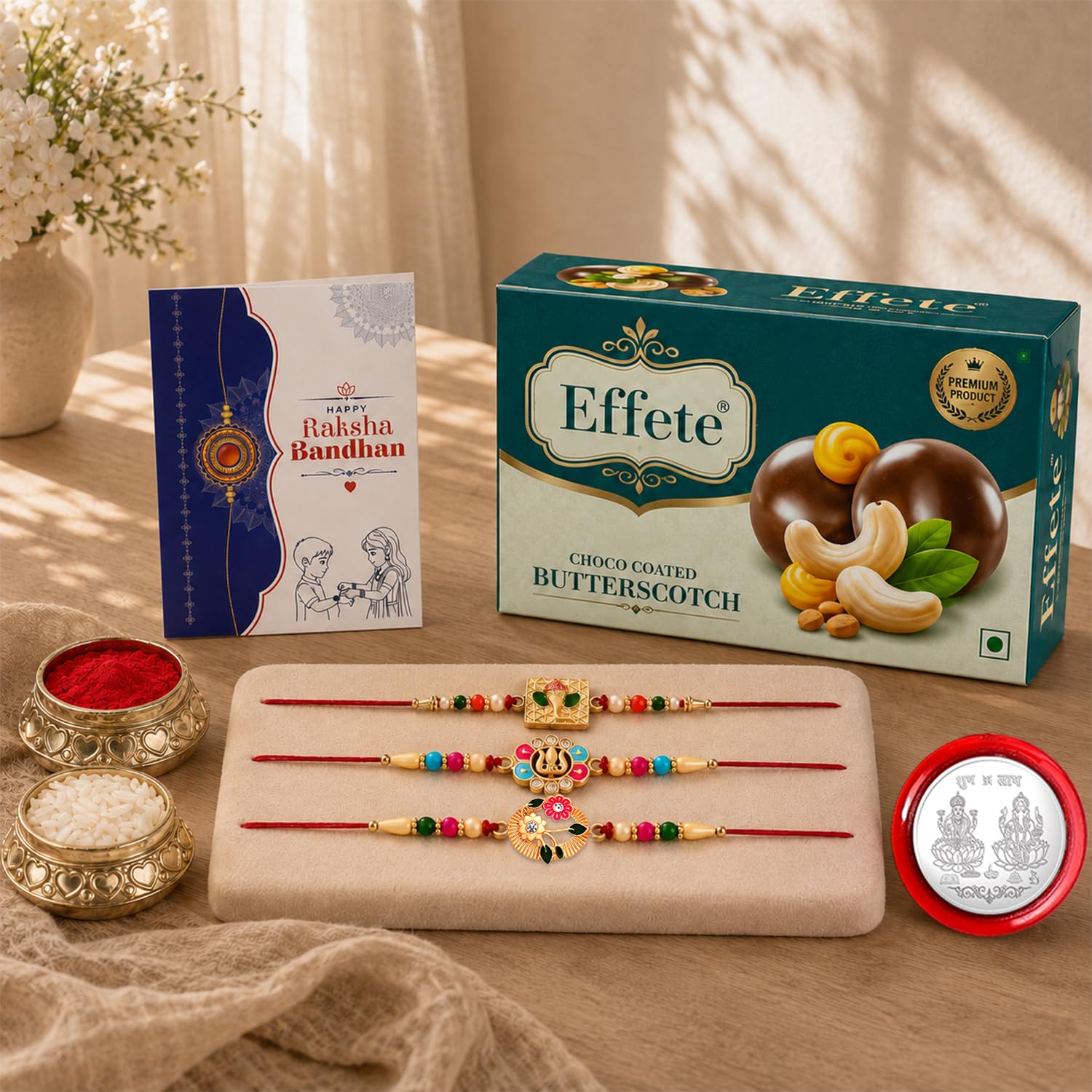 Ganesha Rakhi for Brother with Butter Scotch 32gm, Roli Tikka & Card | Pack of 7