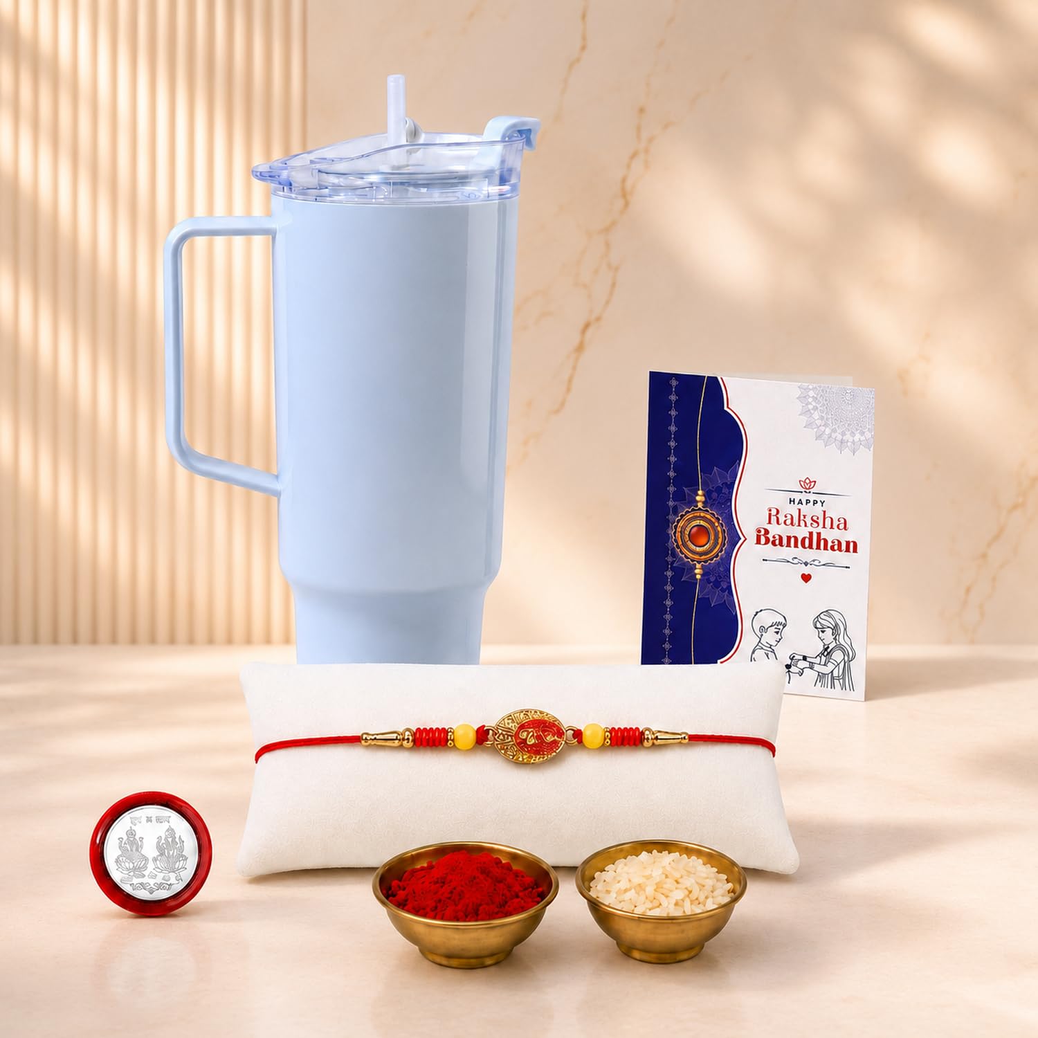 Om Multicolor Rakhi for Brother & Bhaiya with Travel Tumbler-1800ml | Pack of 5