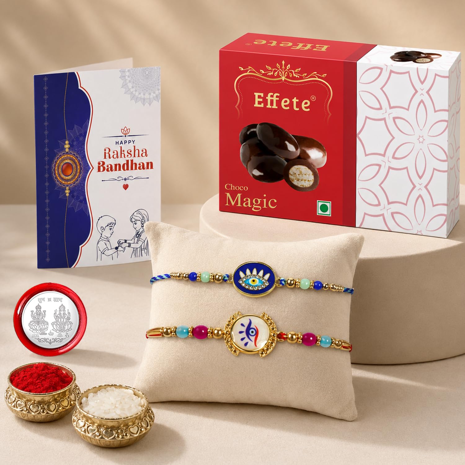 Multicolor Illuminati Eye Rakhi for Brother with Chocolate Magic 32gm, Pack of 6