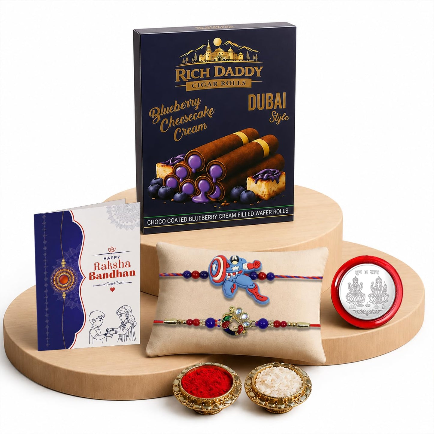 Superhero Multicolor Rakhi – Blueberry Cream Wafer Roll Gift Combo Set (Pack of 6) For Raksha Bandhan