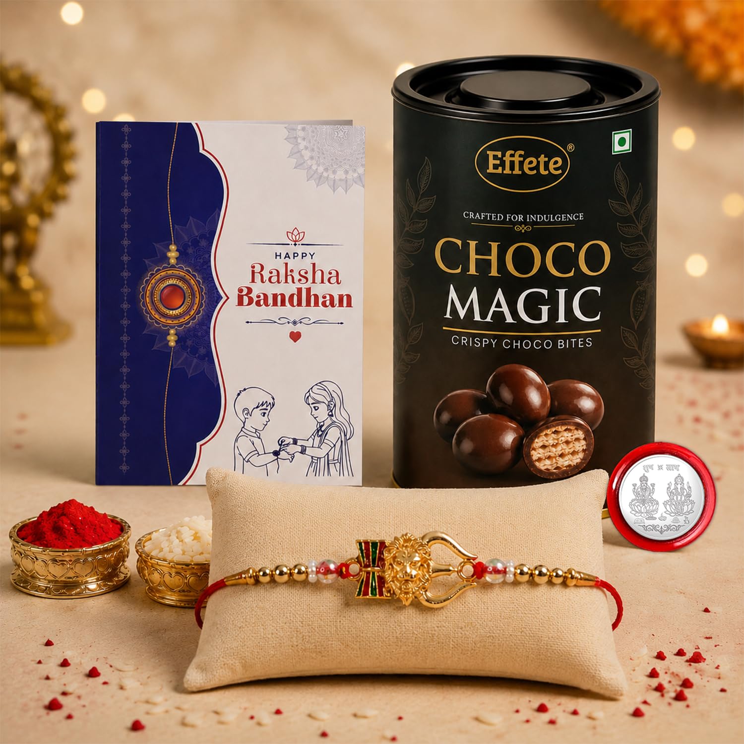 Lion Multicolor Rakhi & Chocolate Magic 96gm with Roli Chawal, Silver Color Pooja Coin & Greeting Card, Rakshbandhan Combo, Rakhi & Chocolate, Pack of 5 For Raksha Bandhan