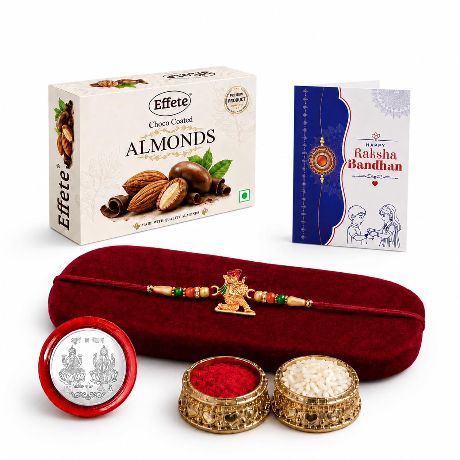 Rakhi with Chocolate for Brother – Raksha Bandhan Combo with Ganesha Design Rakhi, Chocolate, Roli Chawal, Silver Color Coin & Greeting Card – Traditional Festival Celebration Set (Pack of 5)