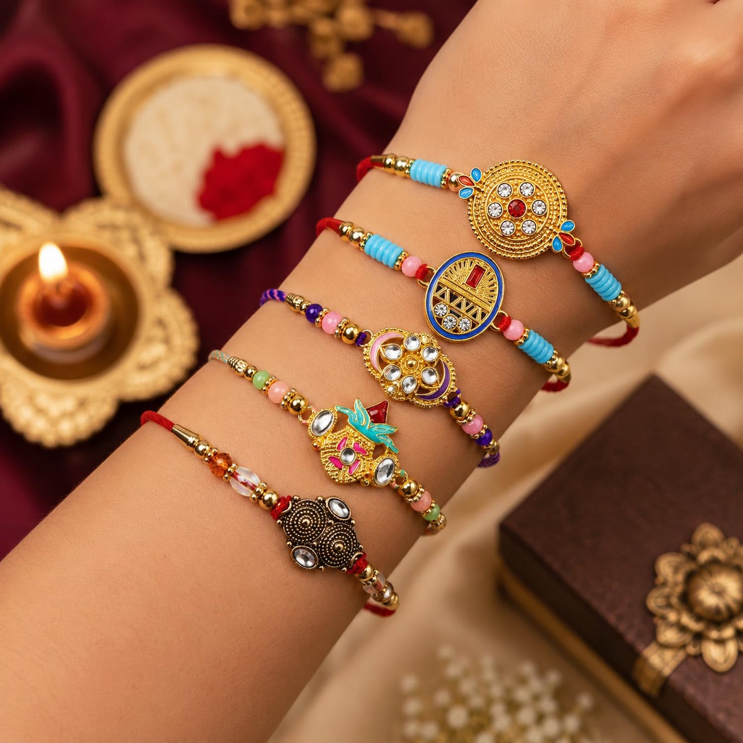Handcrafted Charming Rakhi for Brother with Roli Tikka & Greeting Card, Pack of 8