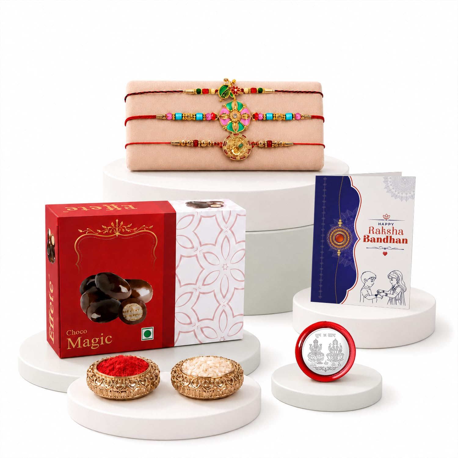 Peacock Rakhi for Brother with Chocolate Magic 32gm, Roli Tikka & Card, Pack of 7