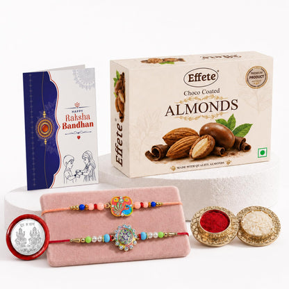 Peacock, Round Shape Rakhi Combo - Raksha Bandhan Gift with Choco Almonds 32gm, Pack of 6