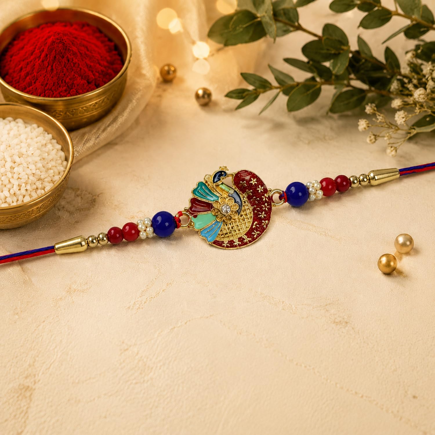 Rakhi with Chocolate for Brother (Set of 6) – Raksha Bandhan Festival Celebration Combo with Multicolor Peacock Design Rakhi 2 Pc, Chocolate, Roli Chawal, Silver Color Coin & Greeting Card