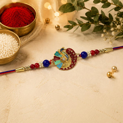 Rakhi with Chocolate for Brother (Set of 6) – Raksha Bandhan Festival Celebration Combo with Multicolor Peacock Design Rakhi 2 Pc, Chocolate, Roli Chawal, Silver Color Coin & Greeting Card