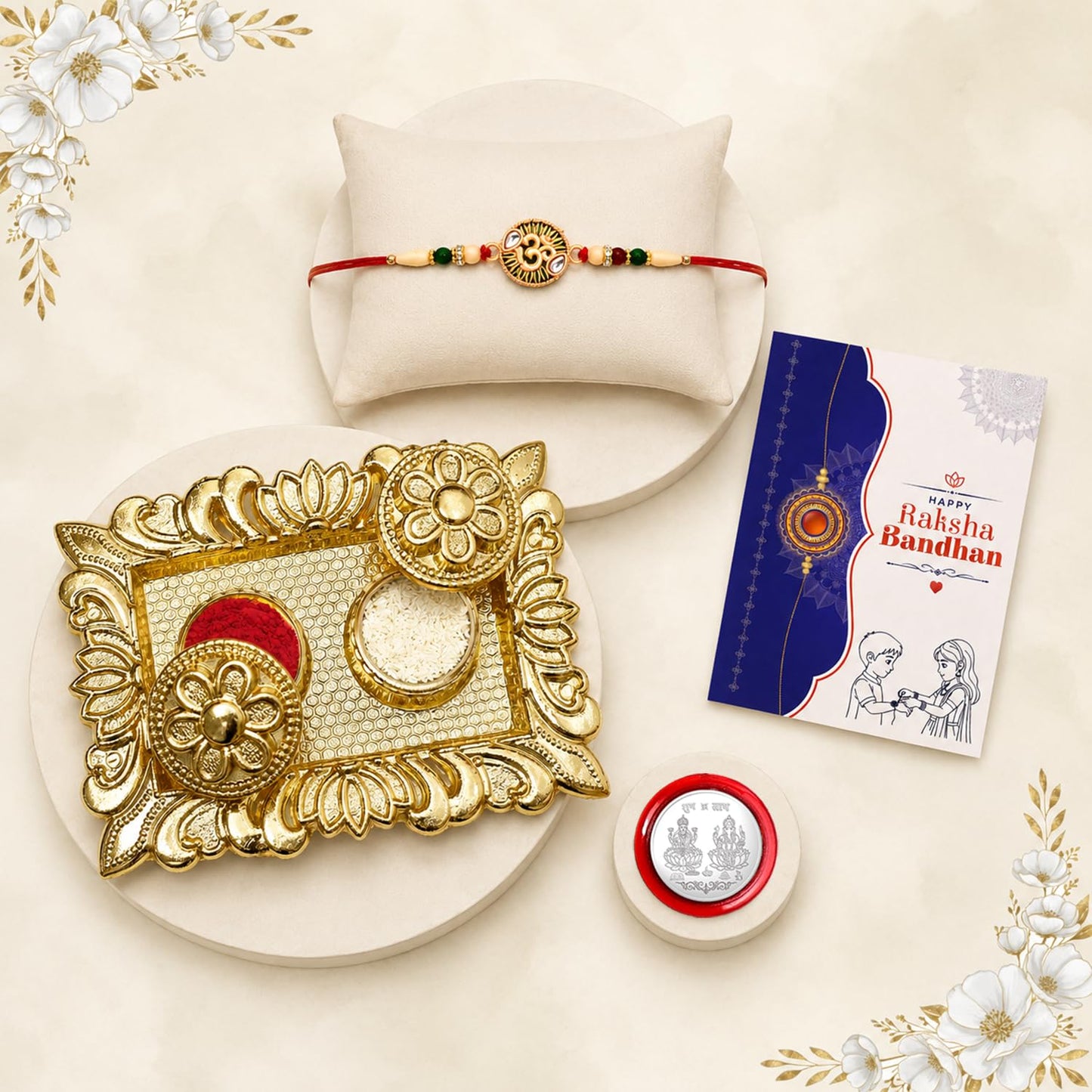 OM Rakhi for Brother with Pooja Thali, Roli Tikka, Pooja Coin & Card | Pack of 5