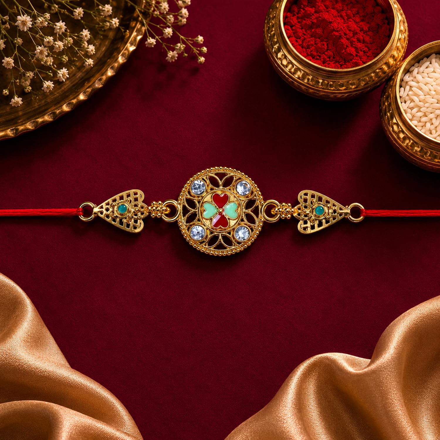 Kundan Rakhi for Brother with Chocolate Magic 96gm, Roli Tikka & Card, Pack of 6