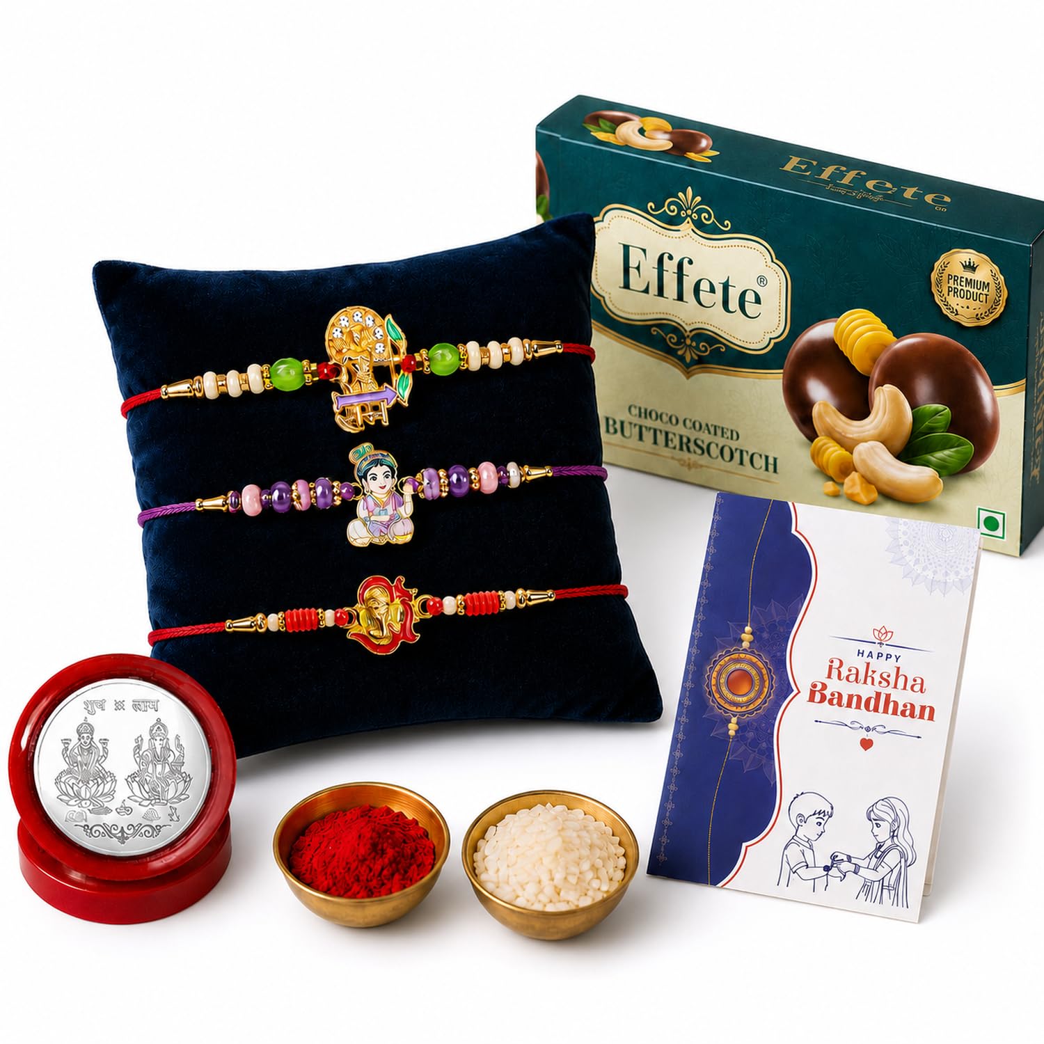 Ganesh Rakhi for Brother with Butter Scotch 32gm, Roli Tikka & Card, Pack of 7