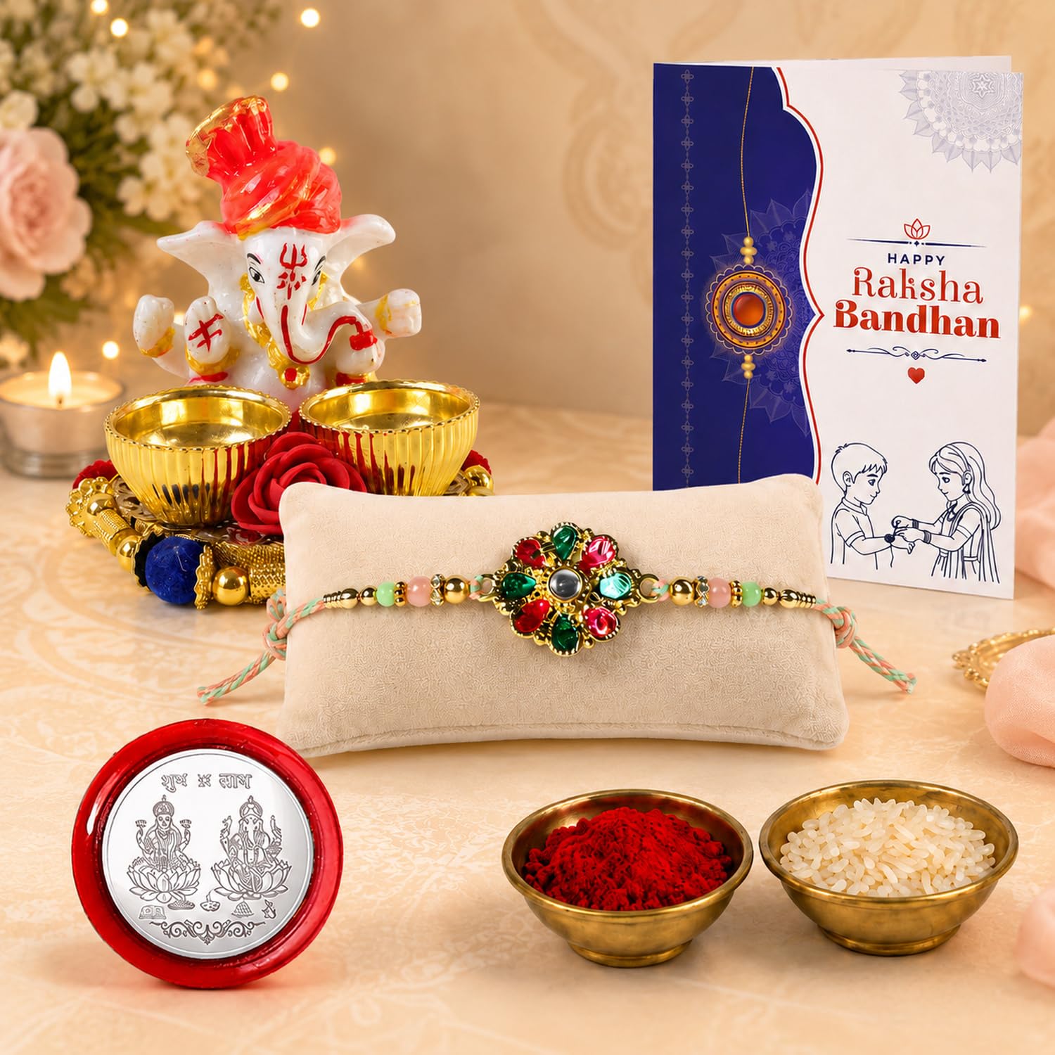 Floral Kundan Multicolor Rakhi for Brother & Bhaiya with Ganesha | Pack of 5