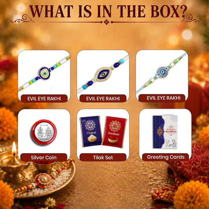 Designer Rakhi for Brother with Roli Chawal, Pooja Coin & Card - Pack of 3