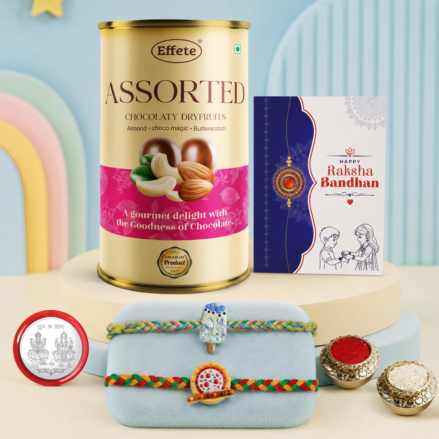Ice Cream Rakhi for Brother with Emperor Chocolate, Roli Tikka & Card, Pack of 6