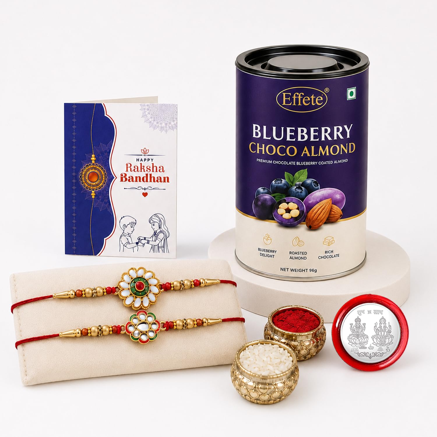 Flower Rakhi for Brother with Blueberry Almond 96gm, Roli Tikka & Card, Pack of 6