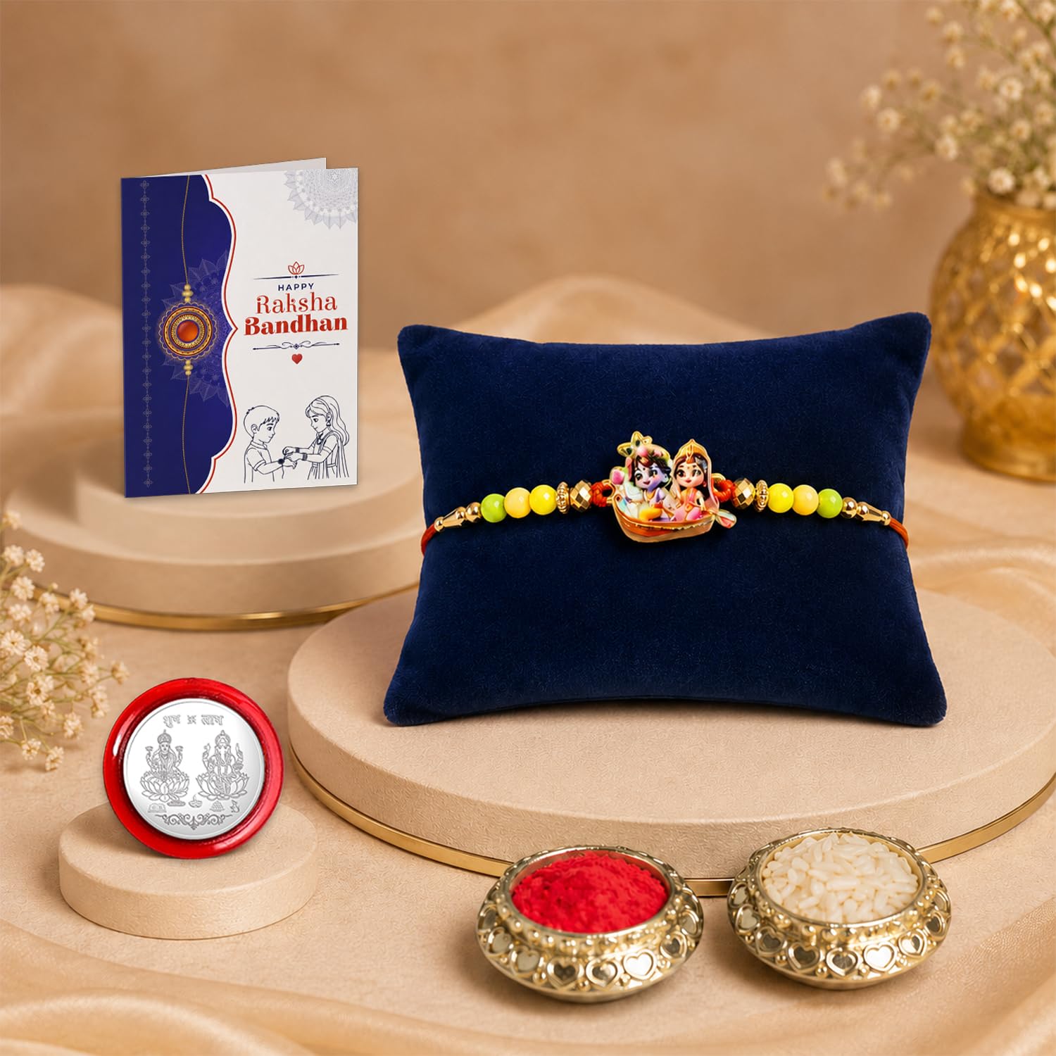 Krishna Beads Rakhi for Brother with Tilak Set, Pooja Coin & Card, Rakhi Set (V4)