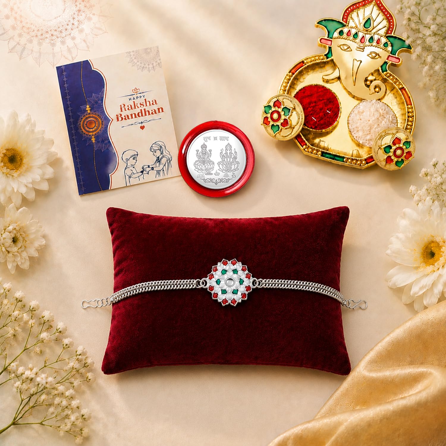 Multicolor Flower Rakhi & Shri Ganesh Pooja Thali – Gift Hamper Gift Set (Pack of 5) For Raksha Bandhan