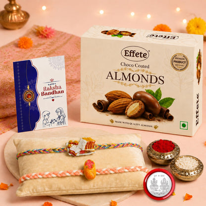 Designer Rakhi for Brother with Choco Almonds 32gm, Roli Tikka & Card, Pack of 6
