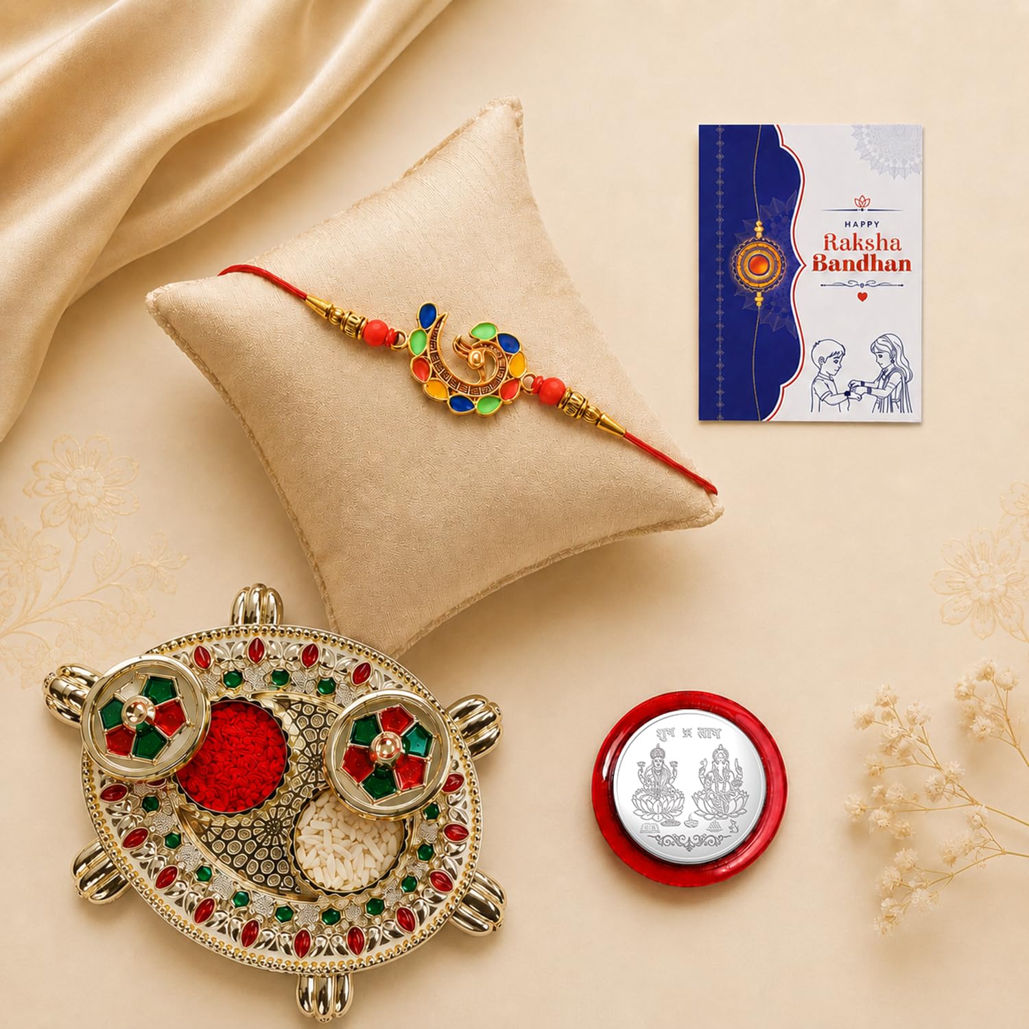 Peacock Multicolor Rakhi for Brother & Bhaiya with Turtle shape Pooja | Pack of 5