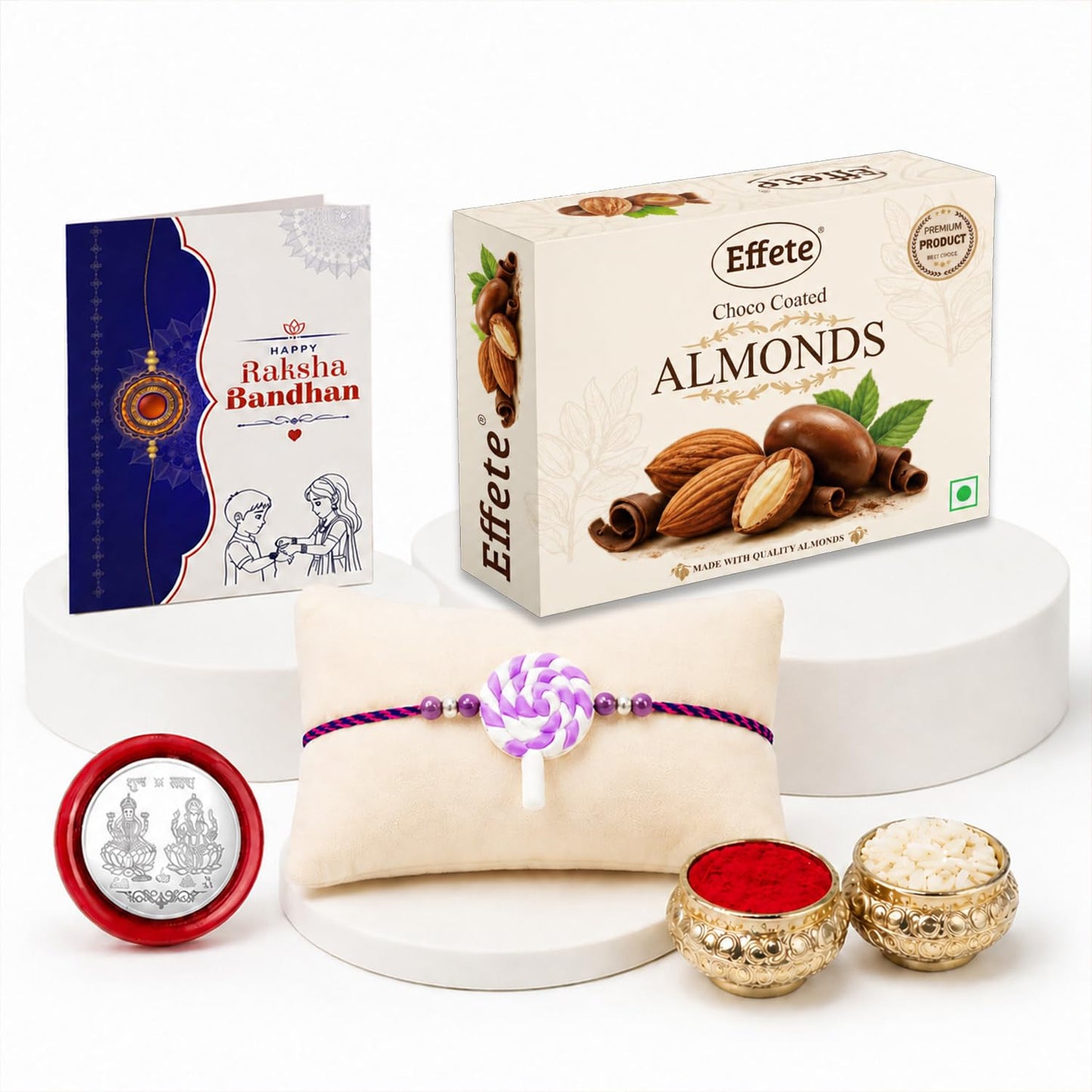 Candy Rakhi for Brother with Choco Almonds 32gm, Roli Chawal & Card, Pack of 5