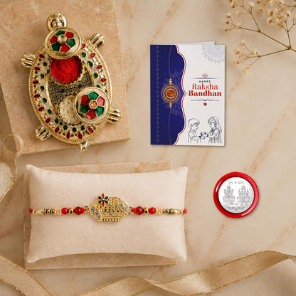 Multicolor Veera Bracelet/Rakhi & Turtle shape Pooja Thali with Silver Color Pooja Coin, Tikka/Tilak Set & Greeting Card, Rakhi Gift Hamper (Pack of 5) For Raksha Bandhan
