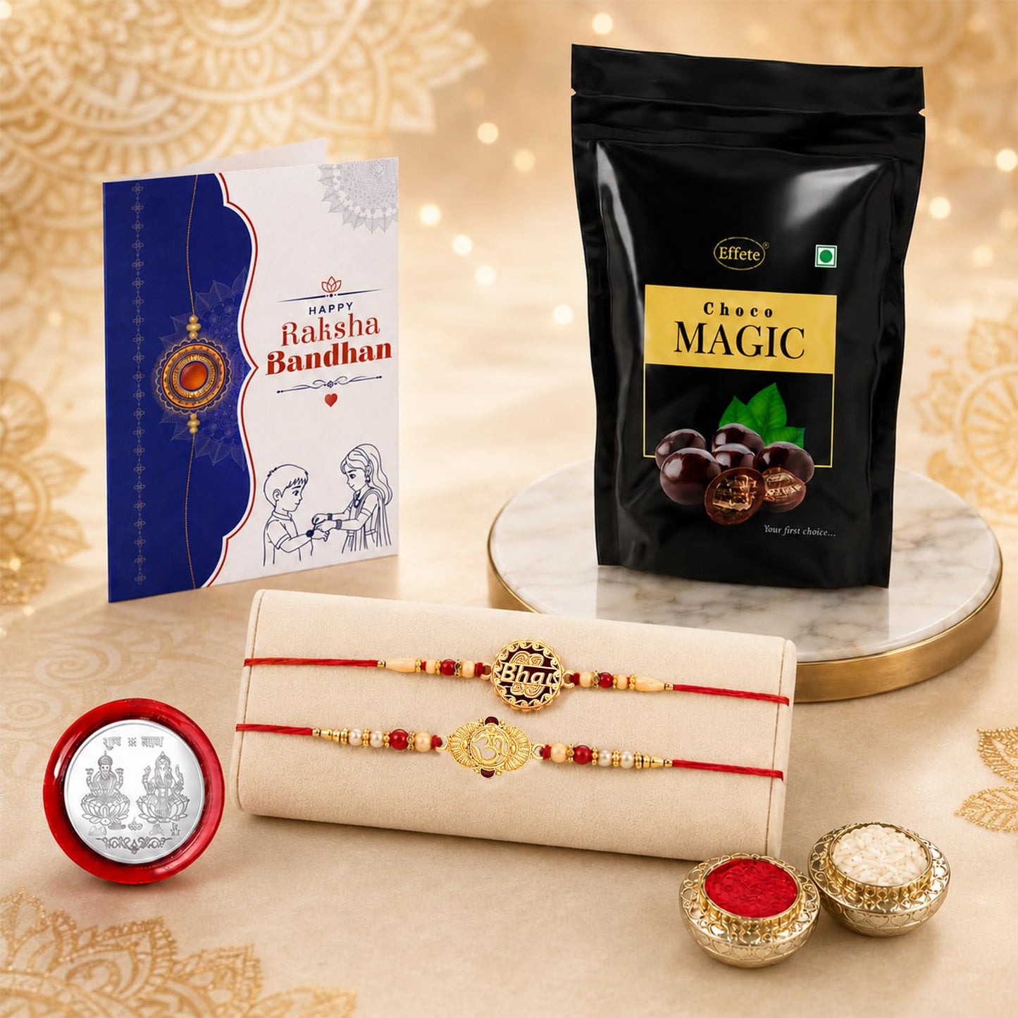 OM, Bhai Multicolor Rakhi for Brother & Bhaiya with Chocolate Magic | Pack of 6