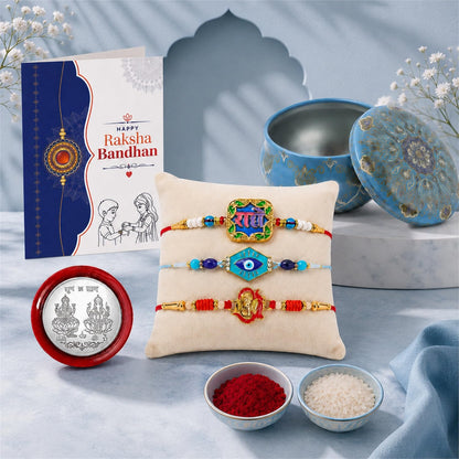 Evil Eye, Radhe, Om Ganesha Multicolor Rakhi for Brother & Bhaiya | Pack of 7