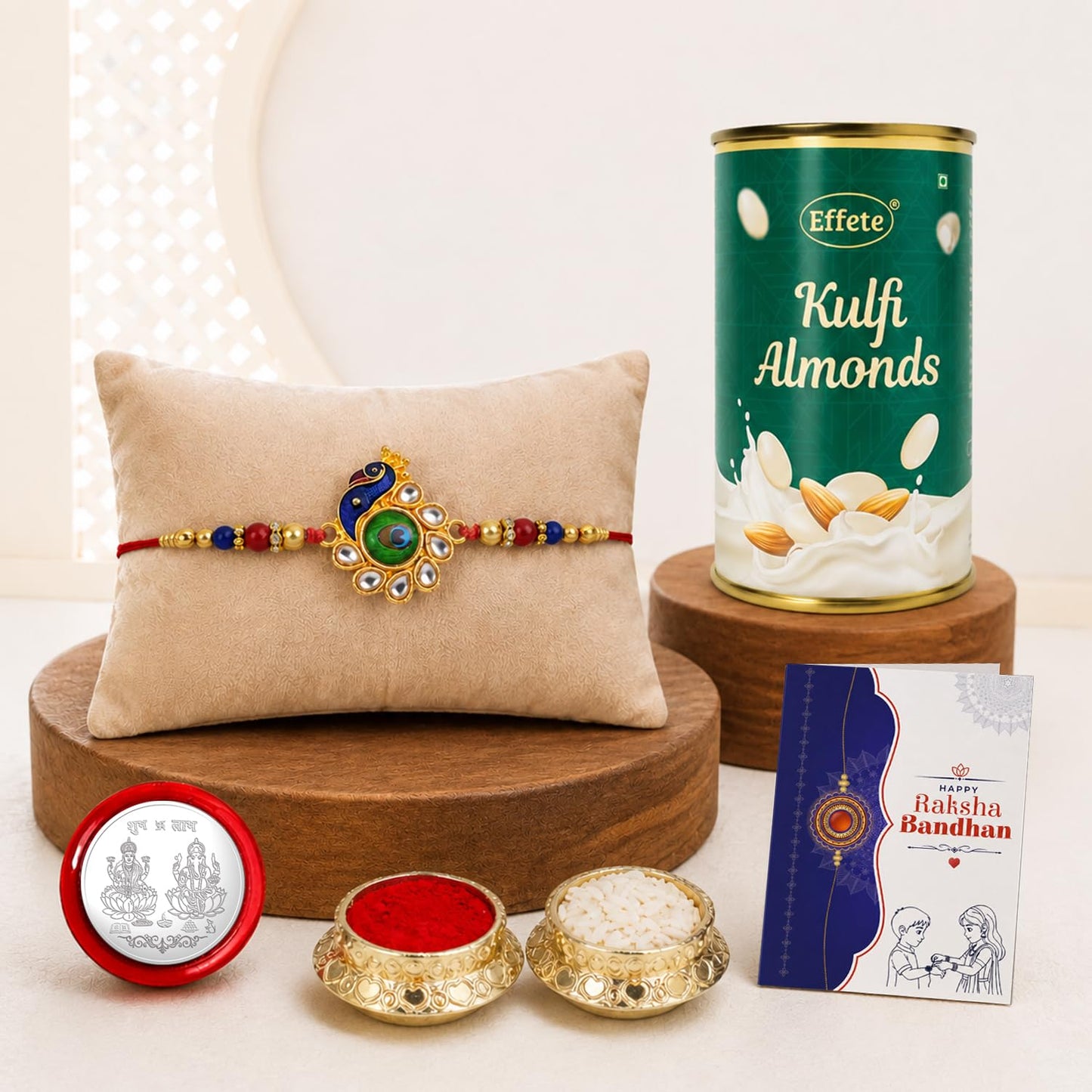 Peacock Rakhi for Brother with Kulfi Almonds 96gm, Roli Chawal & Card, Pack of 5