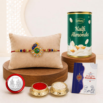 Peacock Rakhi for Brother with Kulfi Almonds 96gm, Roli Chawal & Card, Pack of 5