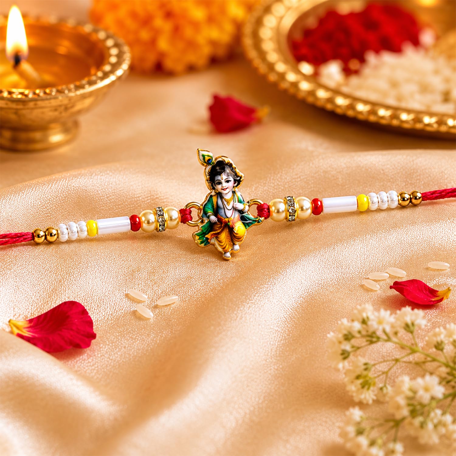 Designer Elegant Multicolor Krishna & OM Floral Pot Rakhi Combo | Pack of 6