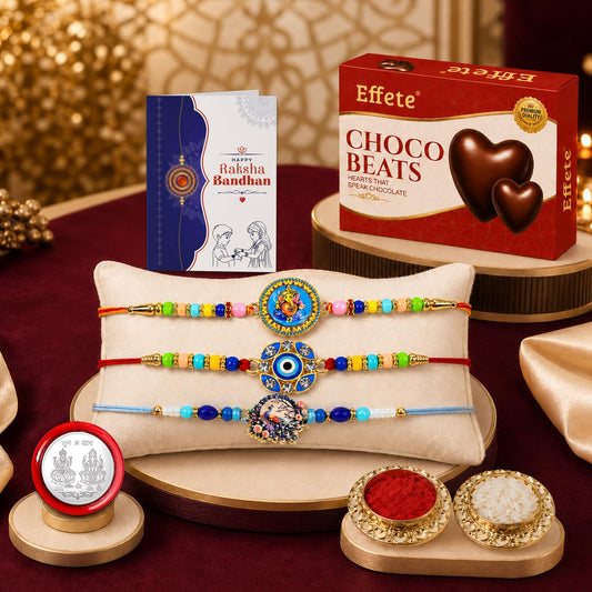 Ganesh, Evil Eye Rakhi Combo - Raksha Bandhan Gift with Choco Beats 32gm, Pack of 7