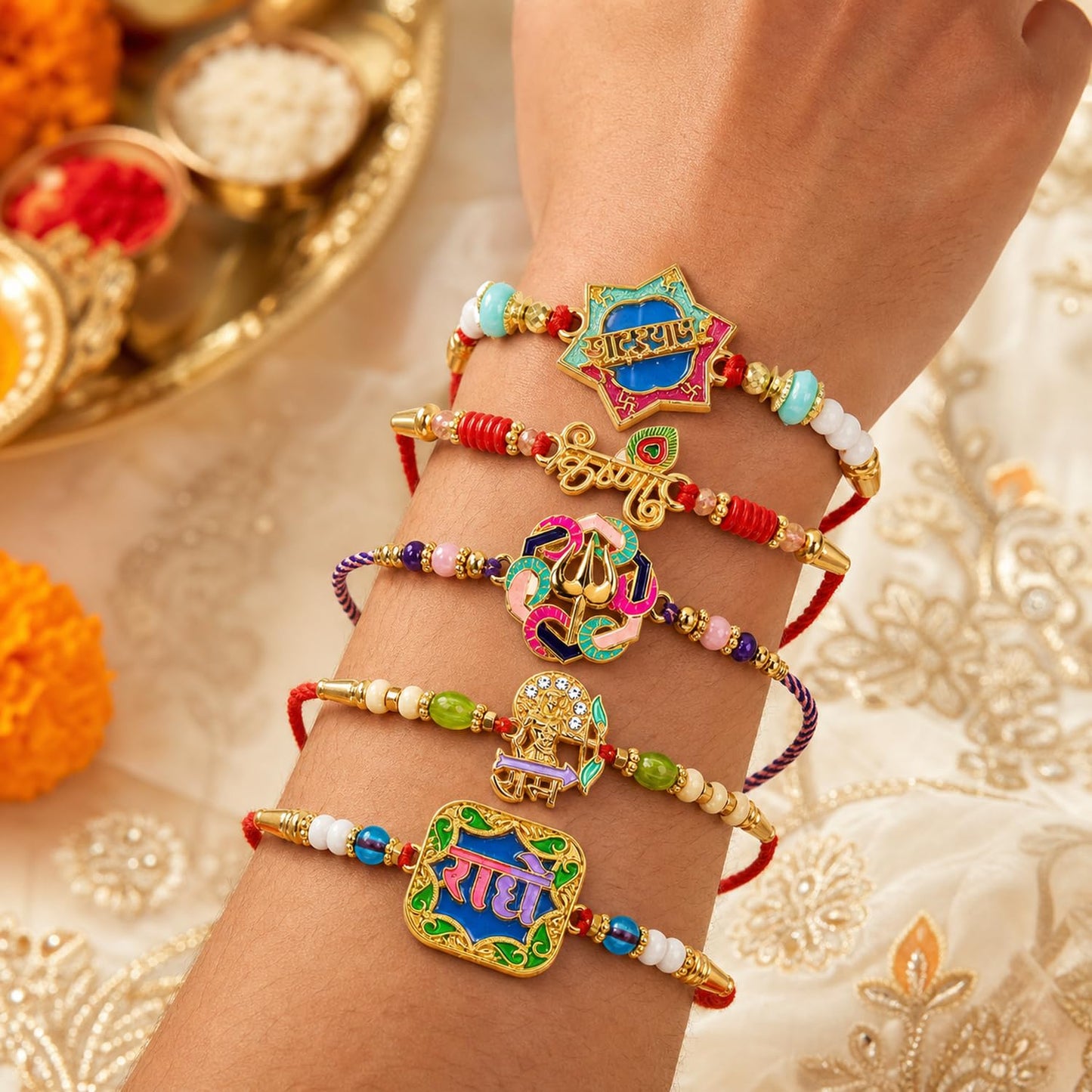 Elegant Designer Rakhi for Brother with Roli Tikka, Pooja Coin & Card, Pack of 8