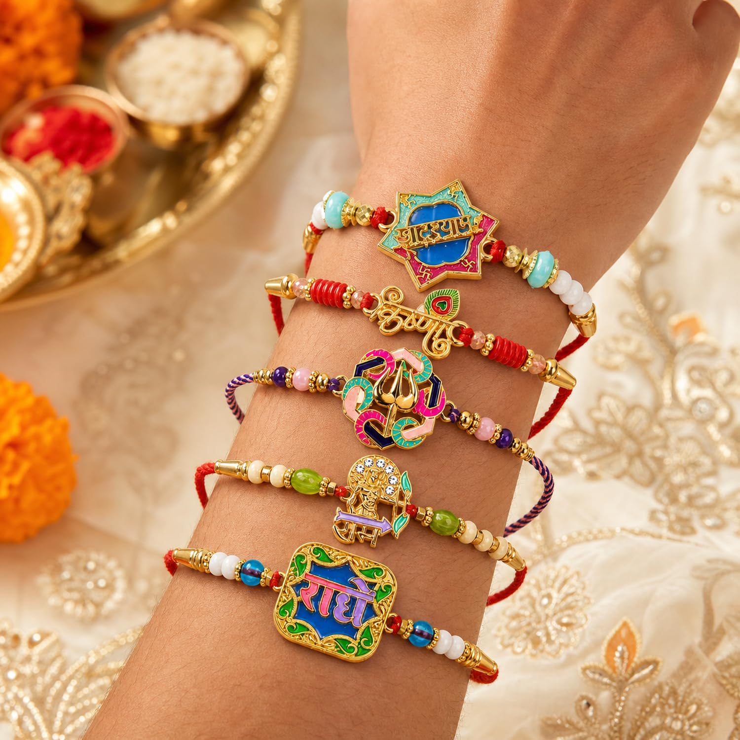 Elegant Designer Rakhi for Brother with Roli Tikka, Pooja Coin & Card, Pack of 8