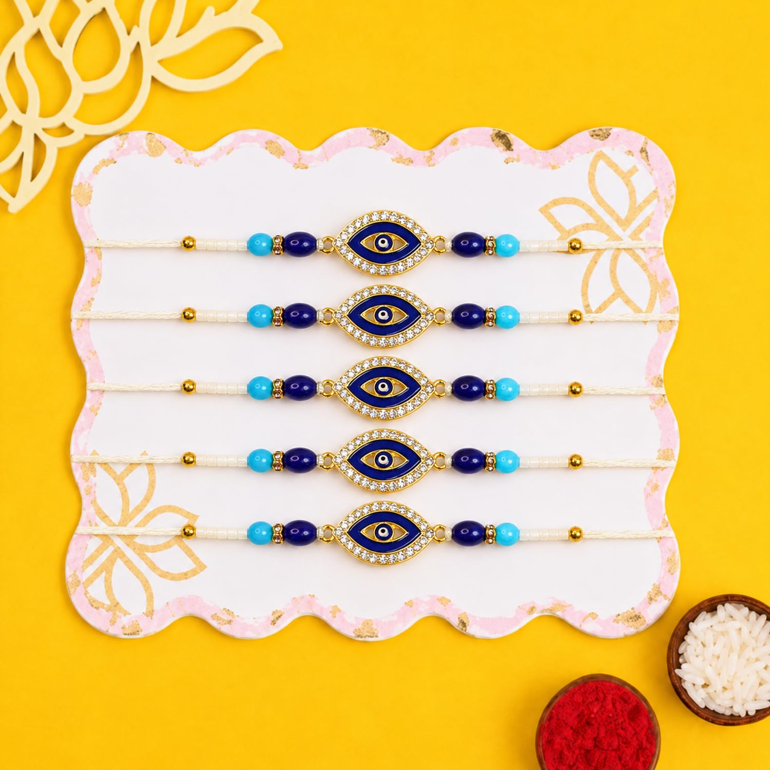 Designer Elegant Handcrafted Rakhi for Brother with Roli Tikka & Card - Pack of 5