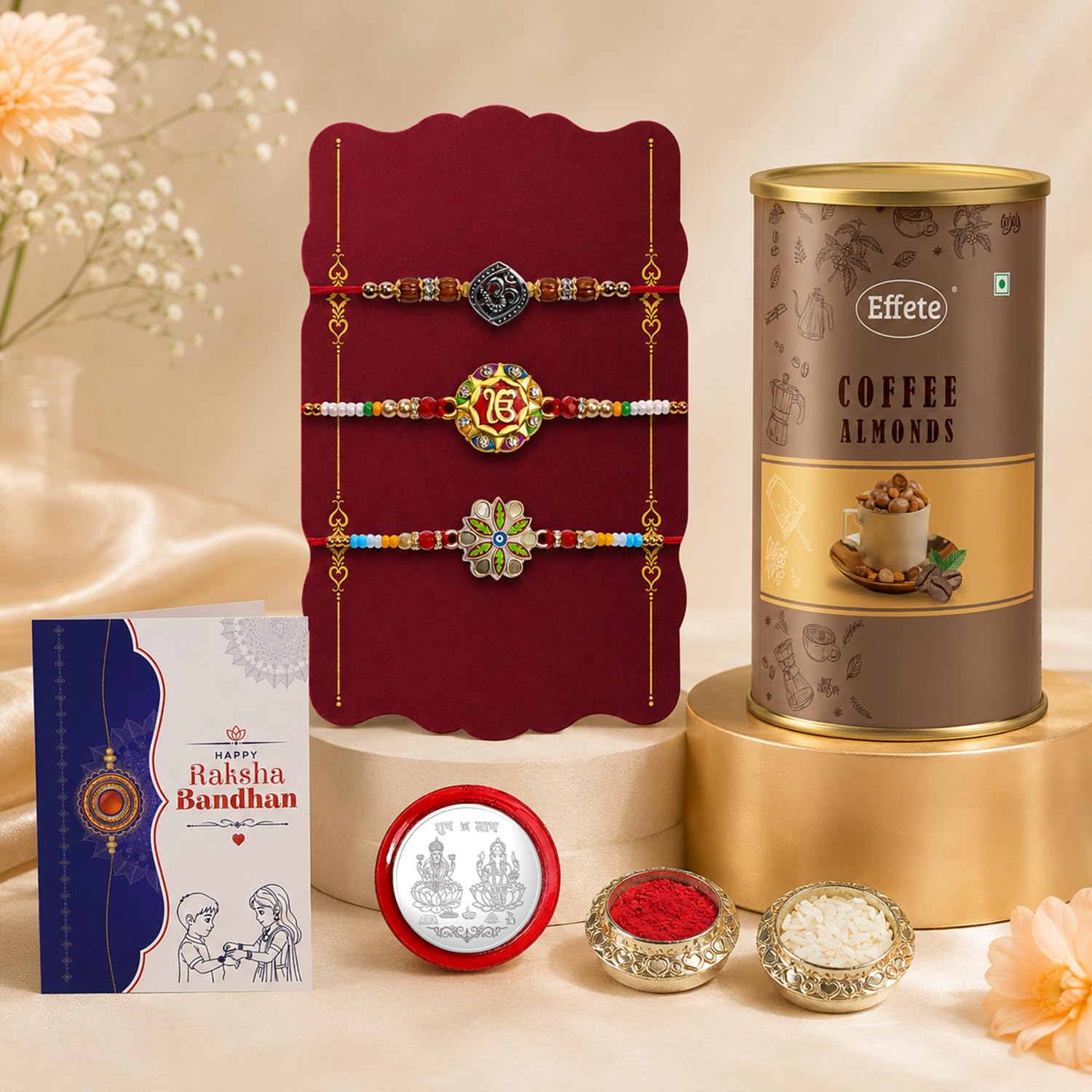 OM Rakhi for Brother with Coffee Almond 96gm - Raksha Bandhan Gift Set, Pack of 7