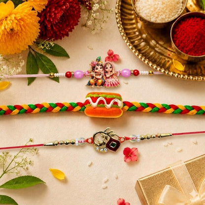 Rakhi Set for Brother (Set of 7) – Radha Krishna, Food & Bird Design Rakhi Combo with Chocolate, Roli Chawal, Silver Color Coin & Greeting Card – Raksha Bandhan Pack (K3_1065+1684+1220_BS32)