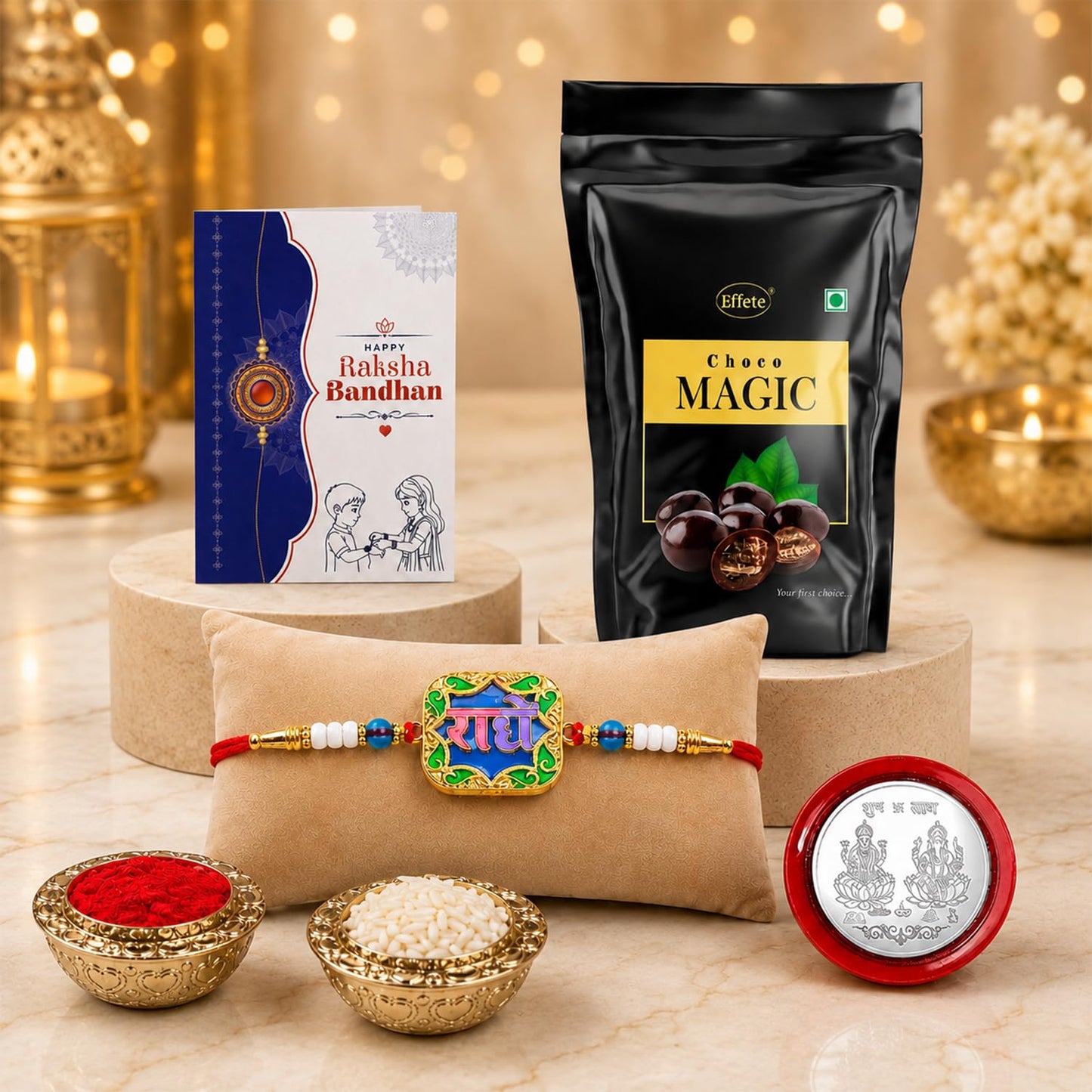 Radhe Rakhi for Brother with Choco Magic Pouch, Roli Chawal & Card, Pack of 5