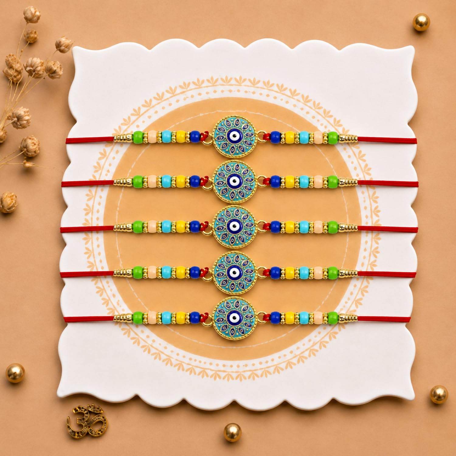 Designer Elegant Rakhi for Brother with Roli Tikka & Card, Pack of 5 | Ethnic
