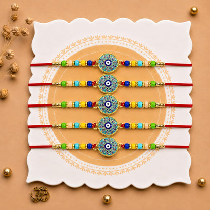 Designer Elegant Rakhi for Brother with Roli Tikka & Card, Pack of 5 | Ethnic