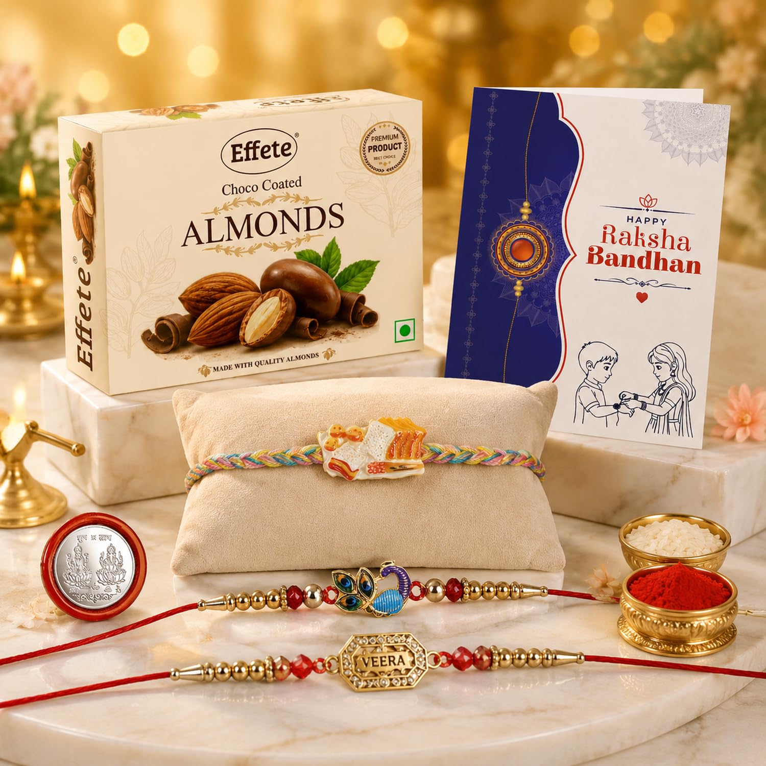 Food Charm Rakhi for Brother with Chocolate Almonds 32gm, Coin & Card, Pack of 7
