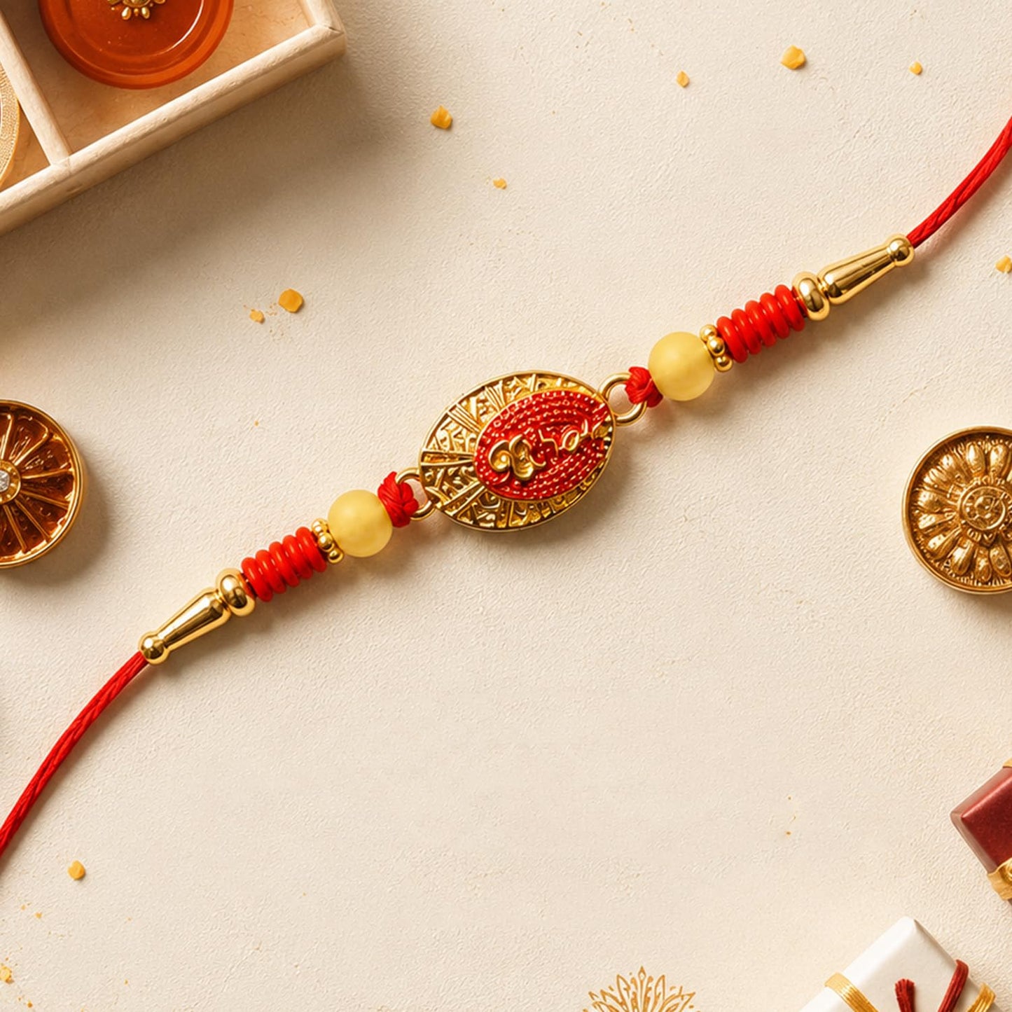 Om Rakhi for Brother with Choco Magic 96gm, Roli Tikka & Greeting Card, Pack of 6