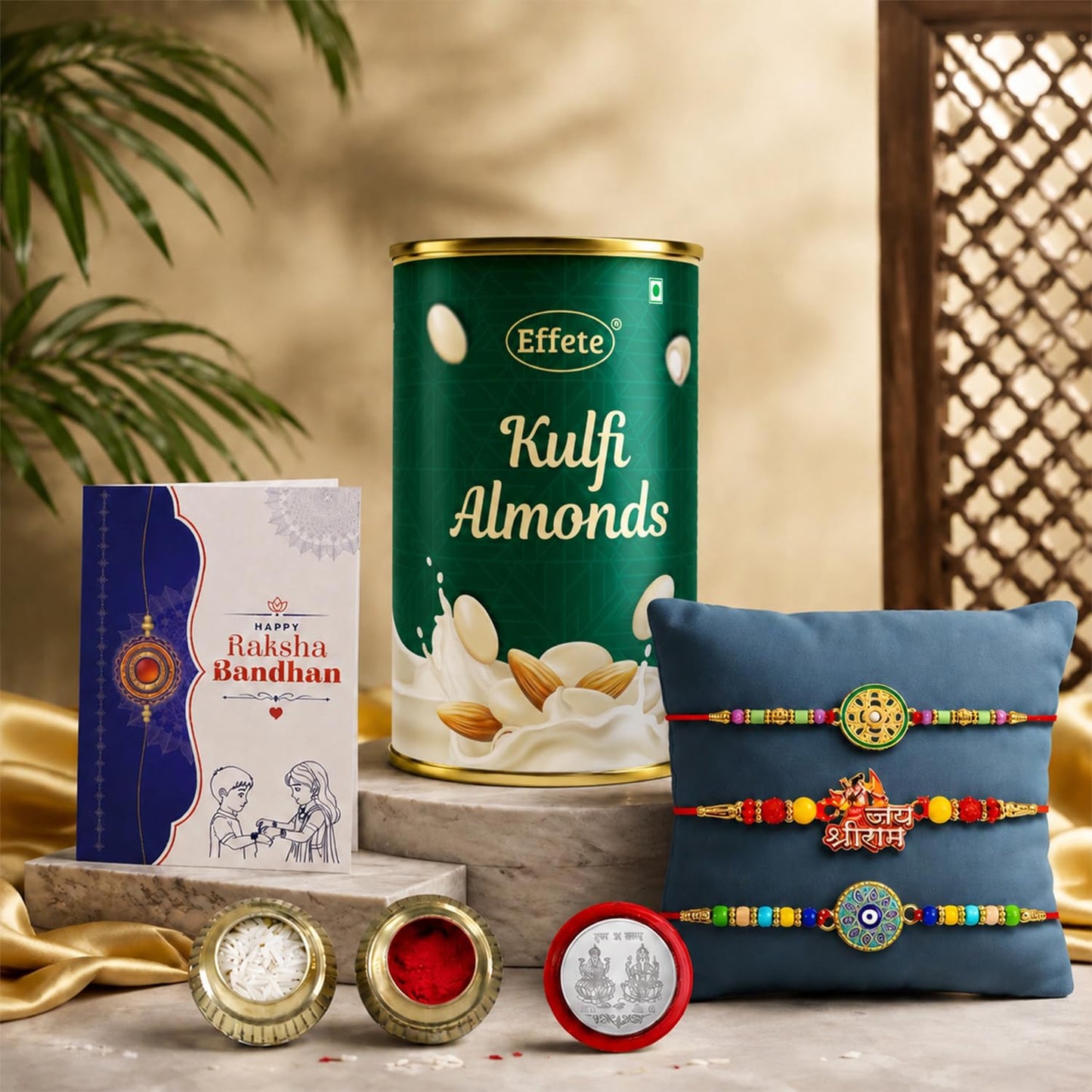 Designer Rakhi for Brother with Kulfi Almonds 96gm, Roli Chawal & Card, Pack of 3