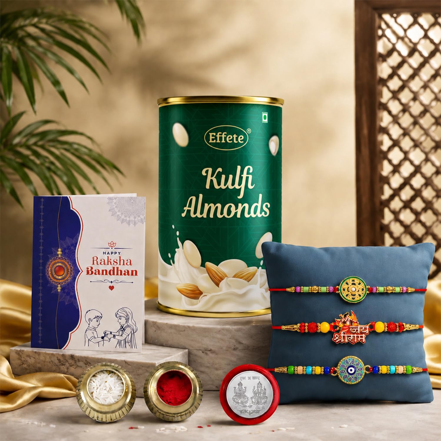 Designer Rakhi for Brother with Kulfi Almonds 96gm, Roli Chawal & Card, Pack of 3