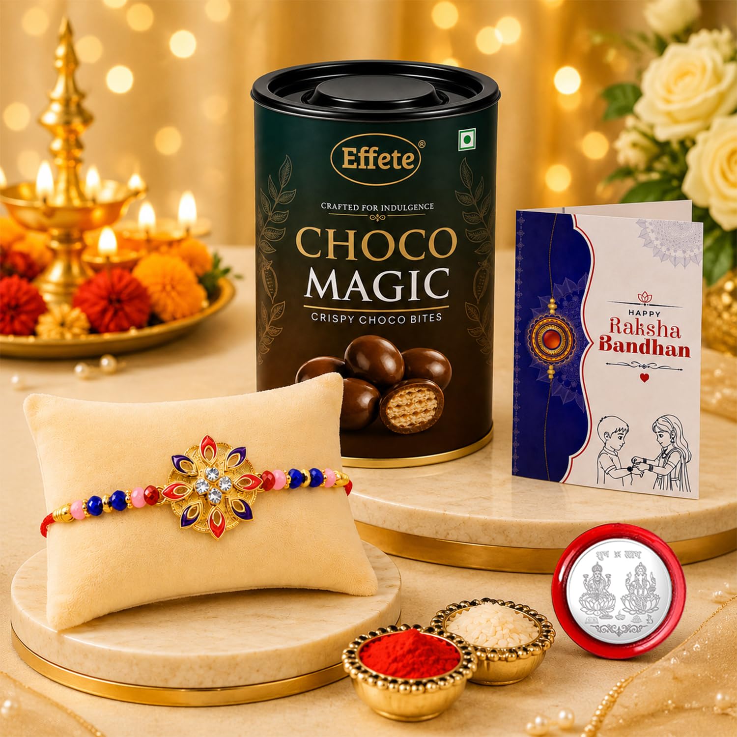 Flower Rakhi for Brother with Chocolate Magic 96gm, Roli Chawal & Card, Pack of 5