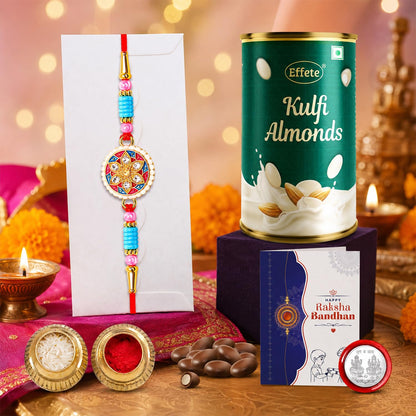 Classic Design Rakhi for Brother with Kulfi Almonds 96gm, Coin & Card, Pack of 5