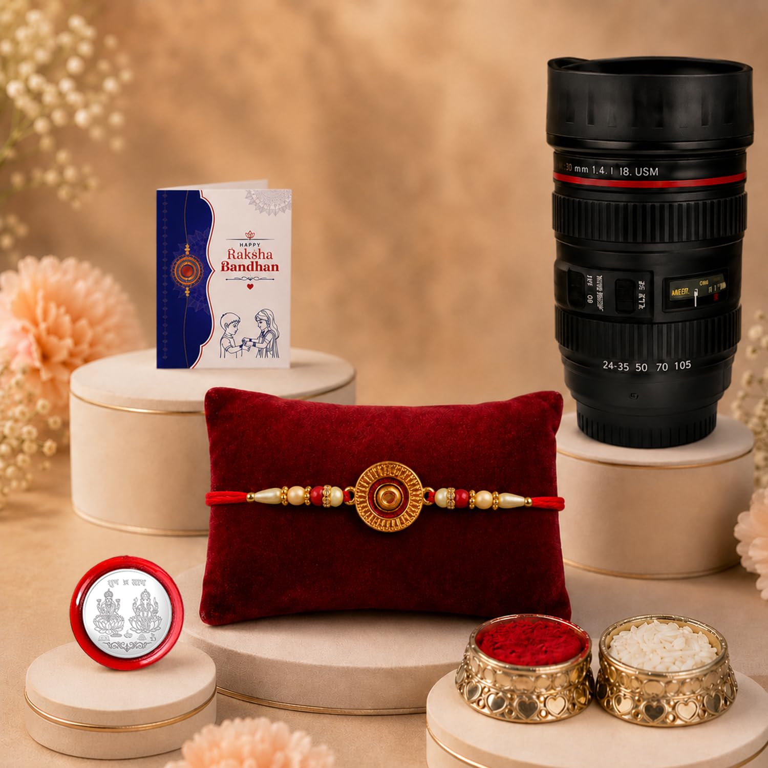 Rakhi for Brother with Camera Lens Coffee Mug - Rakshabandhan Gift Set, Pack of 5