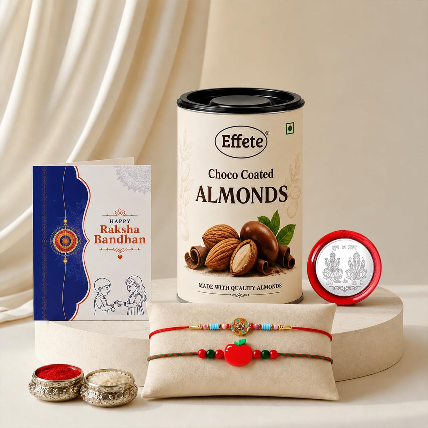 Flower motif Rakhi for Brother with Choco Almonds 96gm, Coin & Card, Pack of 6