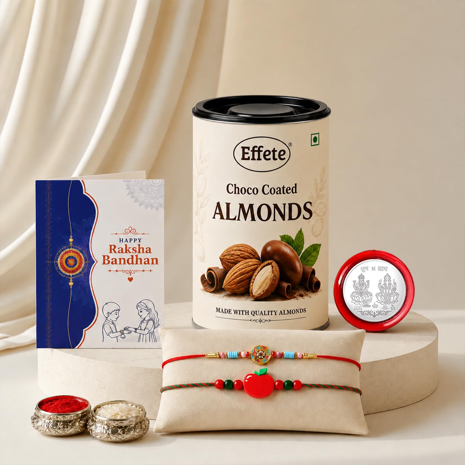 Flower motif Rakhi for Brother with Choco Almonds 96gm, Coin & Card, Pack of 6